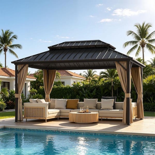 10 ft. x 14 ft. Aluminum Frame Hardtop Gazebo with Netting, Hooks, Upgraded Curtains