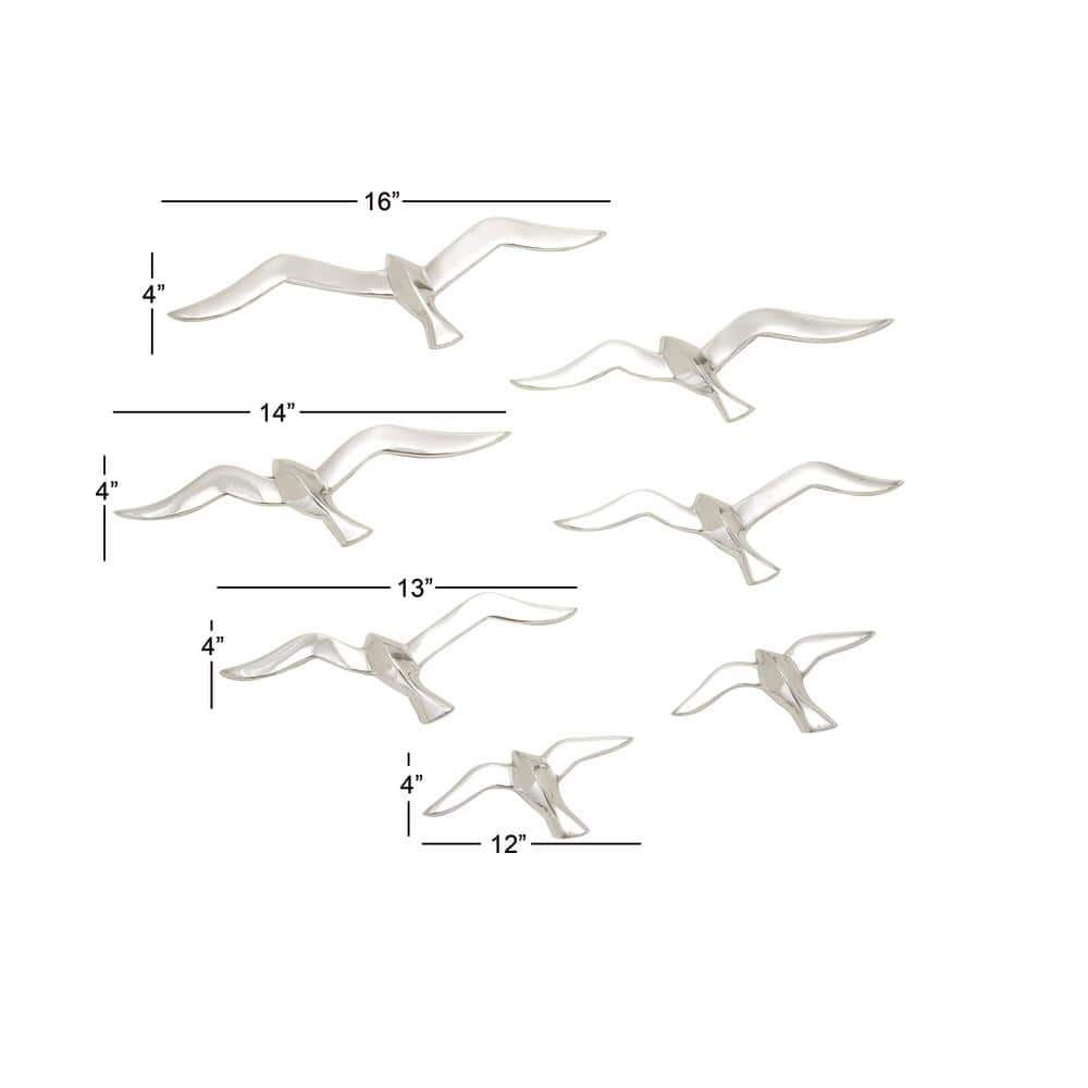 Set of 7 Silver Aluminum Bird Wall Sculptures