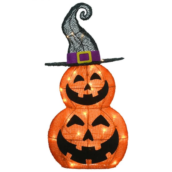 National Tree Company 19 in. Pre-Lit Stacked Pumpkins in Witch's Hat with 25 LED Lights