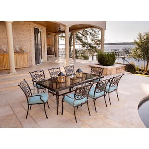 Traditions 9-Piece Aluminum Outdoor Dining Set with Rectangular Glass-Top Table with Blue Cushions