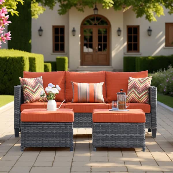 OVIOS New Vultros Gray 3-Piece Wicker Outdoor Lounge Chair with Orange Red Cushions and 2 Ottomans