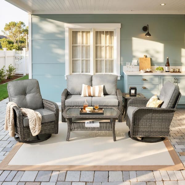 Ruby Grey 5-Piece Wicker Outdoor Furniture Patio Conversation Sofa Set with Swivel Chairs and Dark Grey Cushions