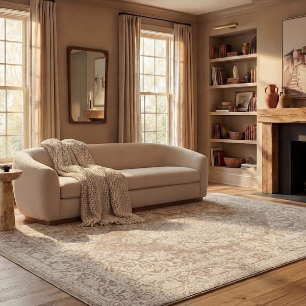Reflection 8 ft. x 8 ft. Square Beige/Cream Floral Border Area Rug