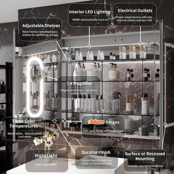 36 in. W x 36 in. H Rectangular Silver Aluminum Defogged Surface/Recessed Mount Dimmable Medicine Cabinet with Mirror