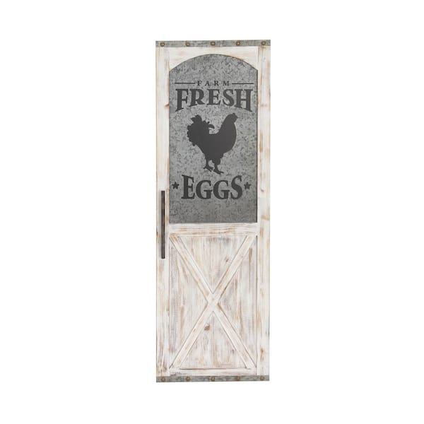 Litton Lane 16 in. x  47 in. Wood White Fresh Eggs Sign Wall Decor with Barn Door Inspired Panel