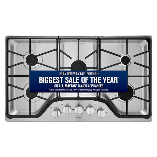 Maytag 36 in. Gas Cooktop in Stainless Steel with 5 Burners Including 18000-BTU Power Simmer Dual Stacked Burner