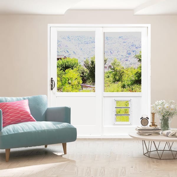 72 in. x 80 in. White Left-Hand Gliding Composite Shaker LoE 2/3 Lite Patio Door with Nickel Handleset and Pet Door