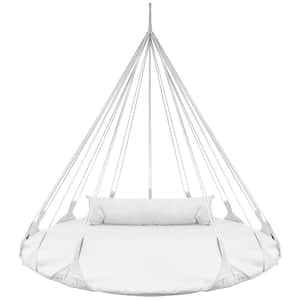 Round 56 in. Disc Swing for Kids White Premium Cotton Double Hammock Daybed Swing with Pillow