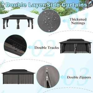 20 ft. x 12 ft. Aluminum Double Hardtop Gazebo with Grey Curtains and Netting