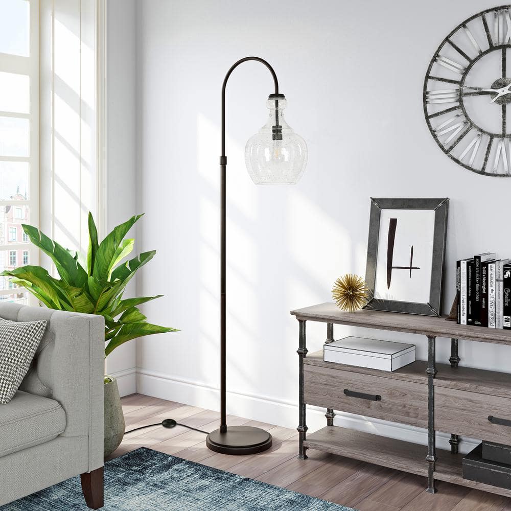 Bronze Arc Adjustable Floor Lamp with Seeded Glass Shade