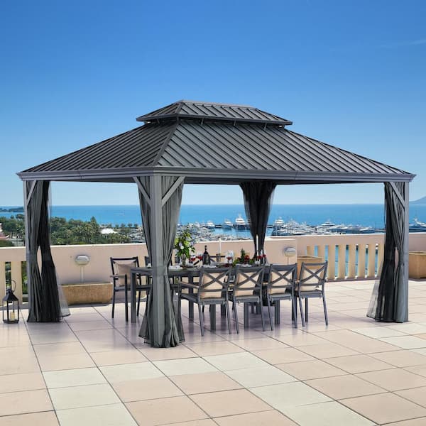 12 ft. x 16 ft. Light Gray Aluminum Hardtop Gazebo with Double Roof Canopy, Gray Curtains and Netting