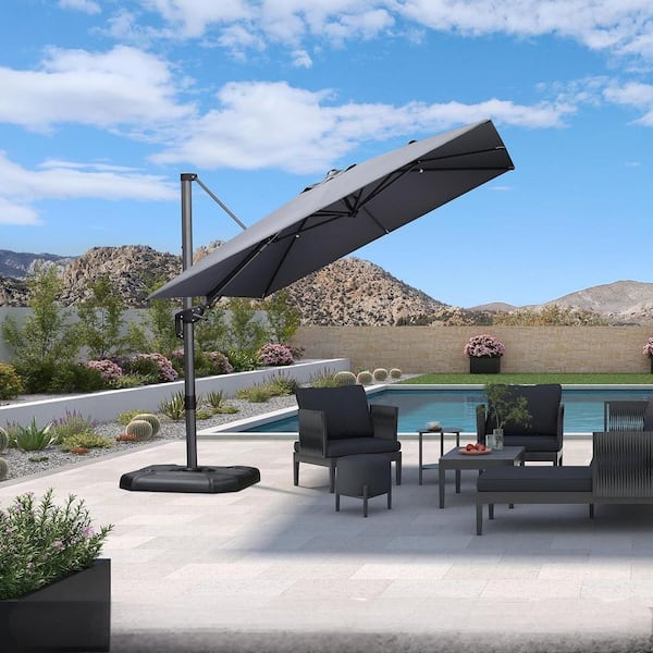 PURPLE LEAF 9 ft. x 12 ft. Cantilever Patio Umbrella Swivel Aluminum Offset 360° Rotation Umbrella with Base, Light Gray