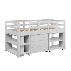 White Low Loft Bed Twin Loft Bed with Desk Kids Beds for Boy Solid Pine Wood Toddler Bed