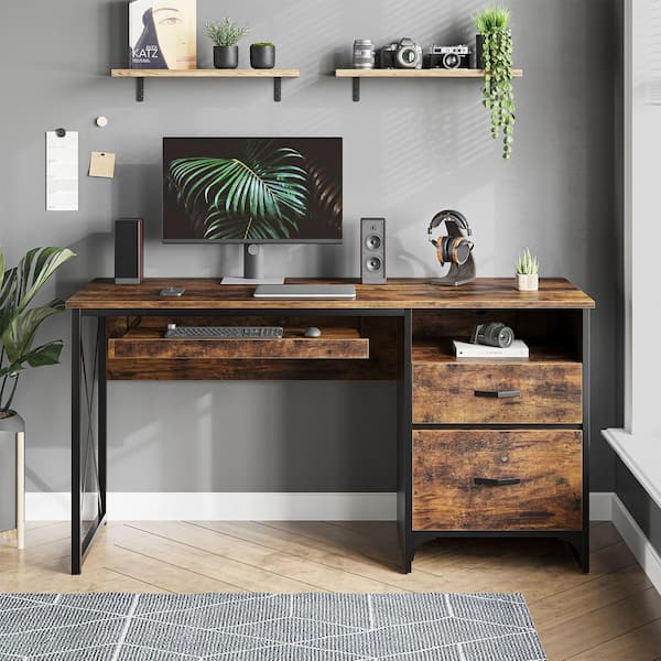 Bestier Office Desk with Drawers, 55 inch Industrial Computer Desk with  Storage, Wood Teacher Desk with Keyboard Tray & File Drawer for Home  Office