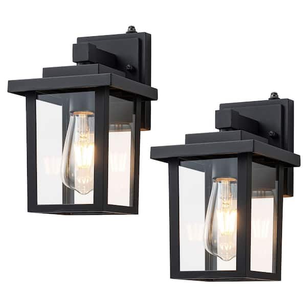 10.25 in. Black Dusk to Dawn Outdoor Hardwired Wall Lantern Sconce with Clear Glass, No Bulbs Included(2-Pack)