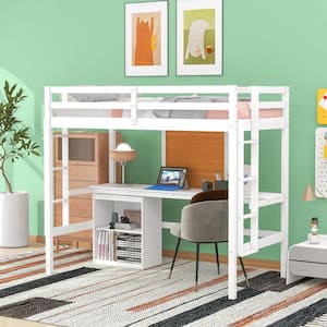White Twin Size Wood Loft Bed with Built-in Desk, Writing Board, 2 Drawers Cabinet, and 2 Ladders