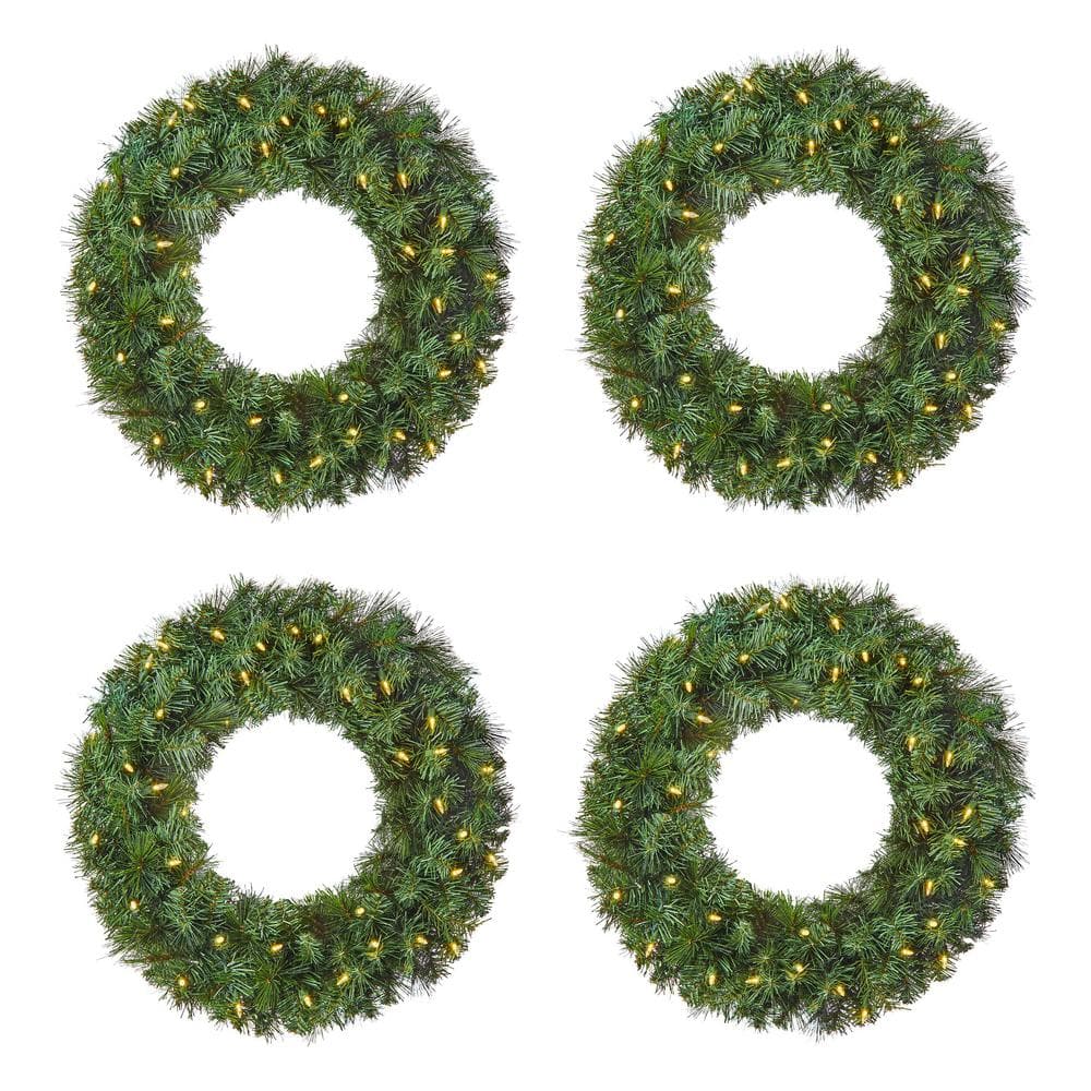 Home Accents Holiday 24 in. Wesley Long Needle Pine LED Pre-Lit Artificial Christmas Wreath (4 Pack) 23PG80016 - The Home Depot