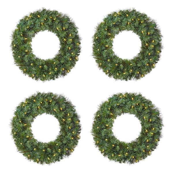 24 in. Wesley Long Needle Pine LED Pre-Lit Artificial Christmas Wreath (4 Pack)
