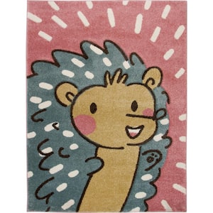Multi-Color Boy Girl Kids Nursery, Playroom or Bedroom Animal Face Pink Huggable Hedgehog 5 ft. x 7 ft. Area Rug