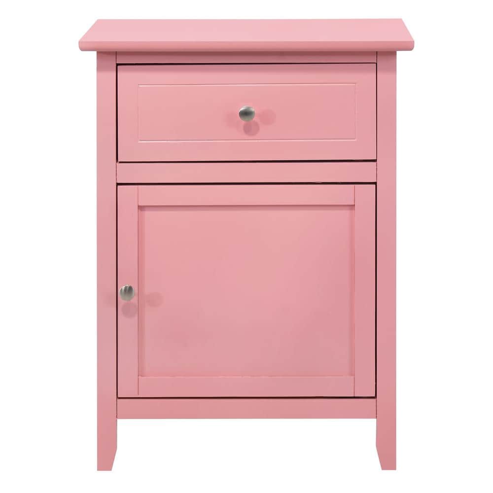Pink Solid Wood 1-Drawer Nightstand with Door