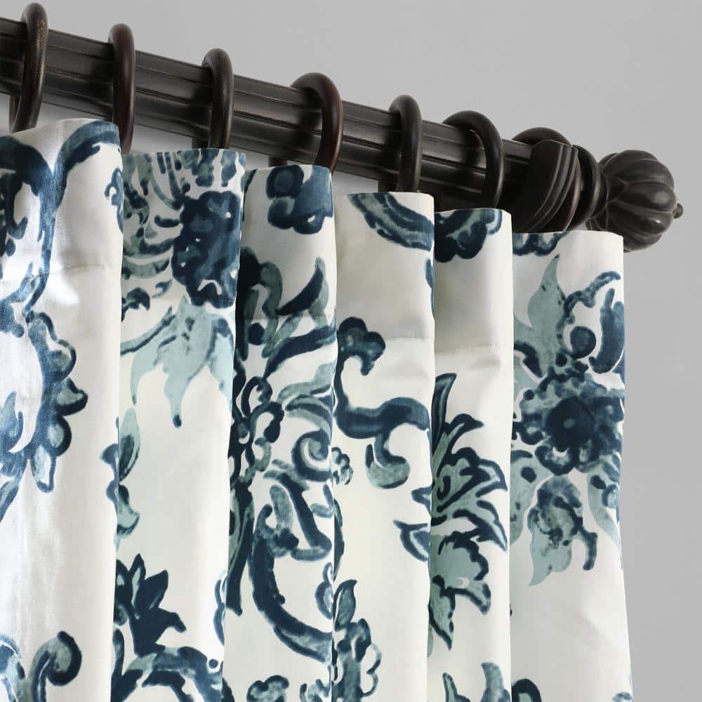 Blue Floral Cotton Room-Darkening Drapes with Hidden Tabs