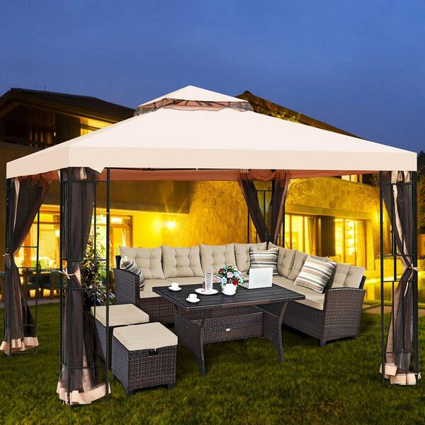 10 ft. x 10 ft. Metal Gazebo with Mosquito Netting Canopy Gazebo 2 Tier Vented Gazebo Top Light Brown