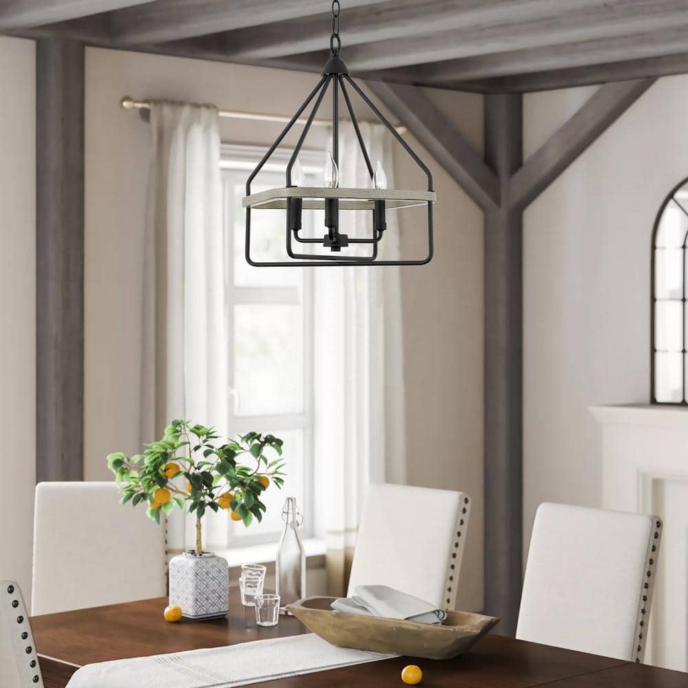 Sandblasted Black and Gray Oak Metal Square Lantern Chandelier