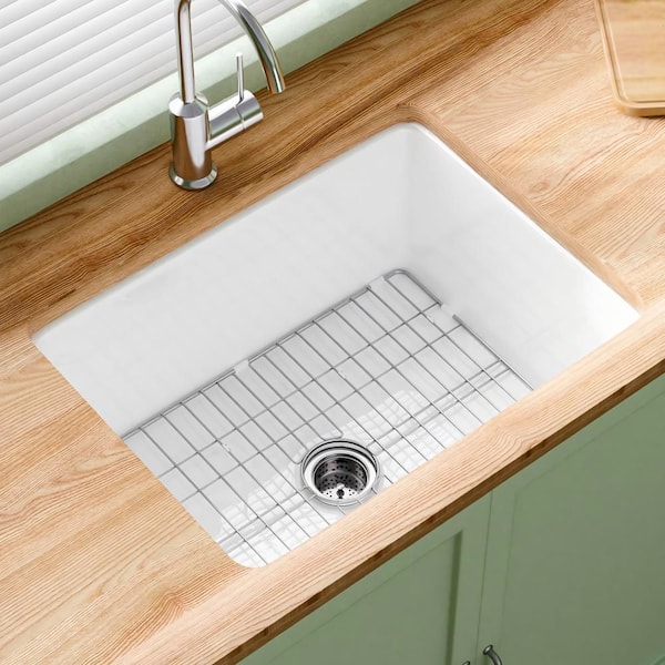 White Fireclay 24 in. Drop-In/Undermount Dual Mount Single Bowl Kitchen Sink Fireclay Kitchen and Sink Grid and Strainer