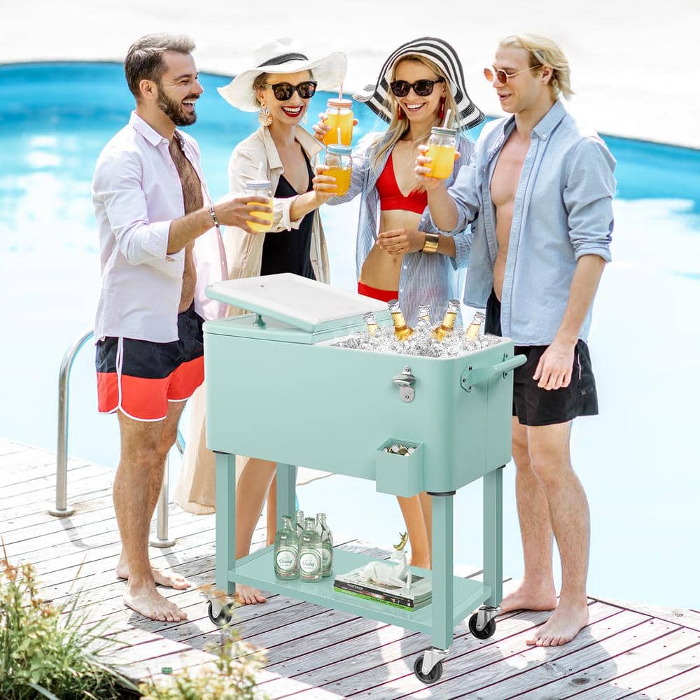 Mint Iron Wheeled Beverage Cooler Cart with Shelf