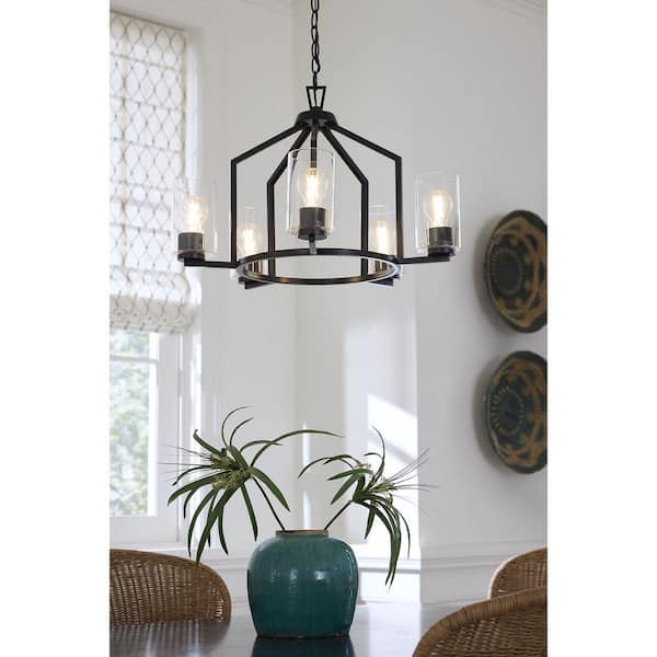 Goodwin 24 in. 5-Light Matte Black Modern Farmhouse Chandelier with Clear Glass Shade