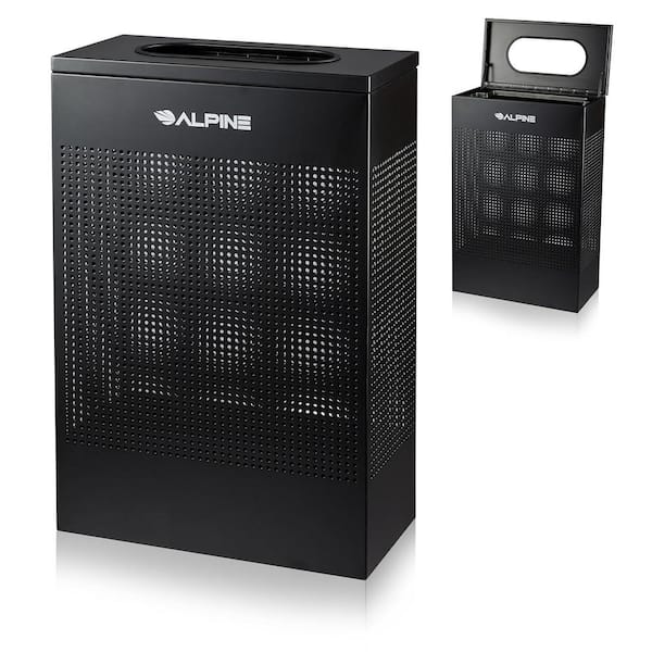 Alpine Industries 13 Gal. Black Perforated Steel Rectangular Stainless Steel Slim Commercial Trash Can with Open Top Lid