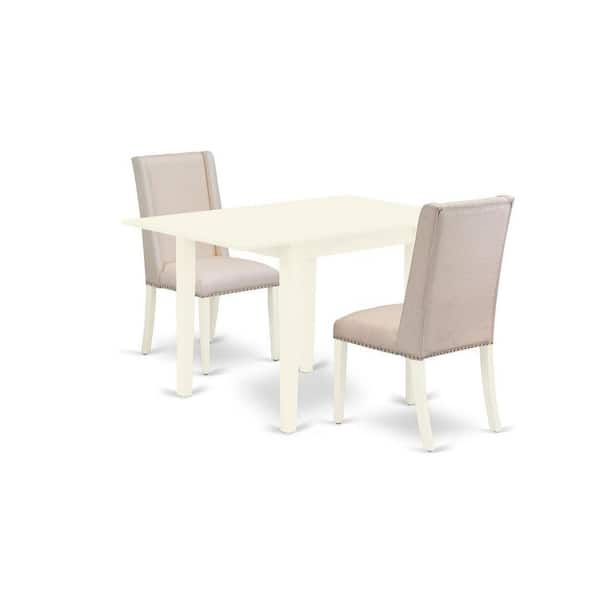East West Furniture 3-Piece Linen White Finish Rectangular Solid Wood Top with Dropleaf Dining Table Set