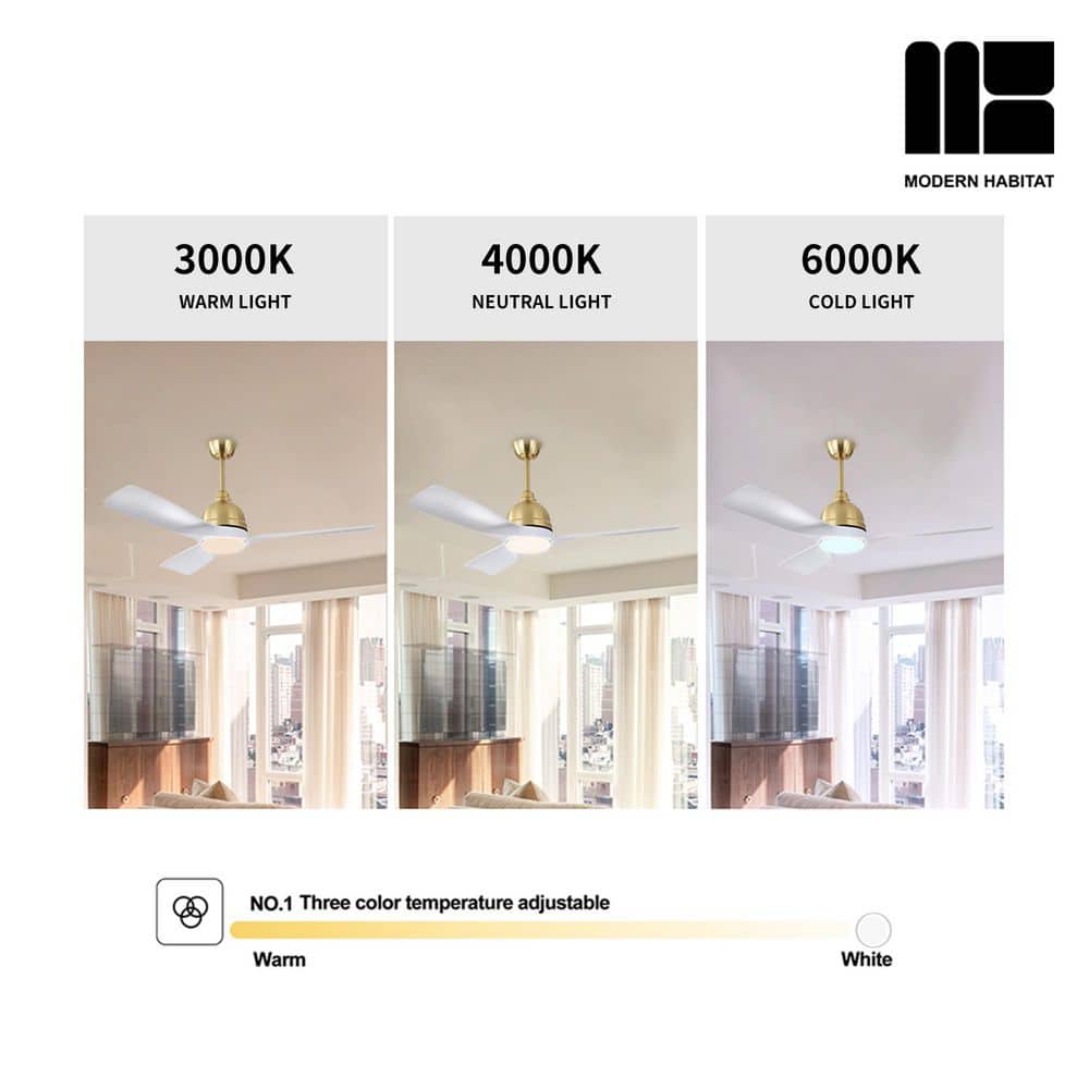 54" White and Gold Modern Ceiling Fan with LED Light and Remote