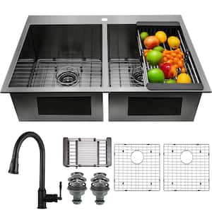 All-in-One Gunmetal Matte Black Finish Stainless Steel 33 in. Double Bowl Drop-In Kitchen Sink with Pull-down Faucet