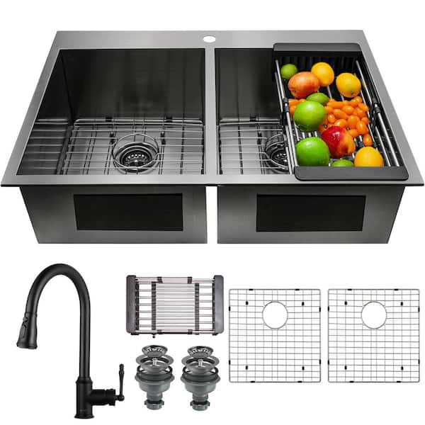 AKDY All-in-One Gunmetal Matte Black Finish Stainless Steel 33 in. Double Bowl Drop-In Kitchen Sink with Pull-down Faucet