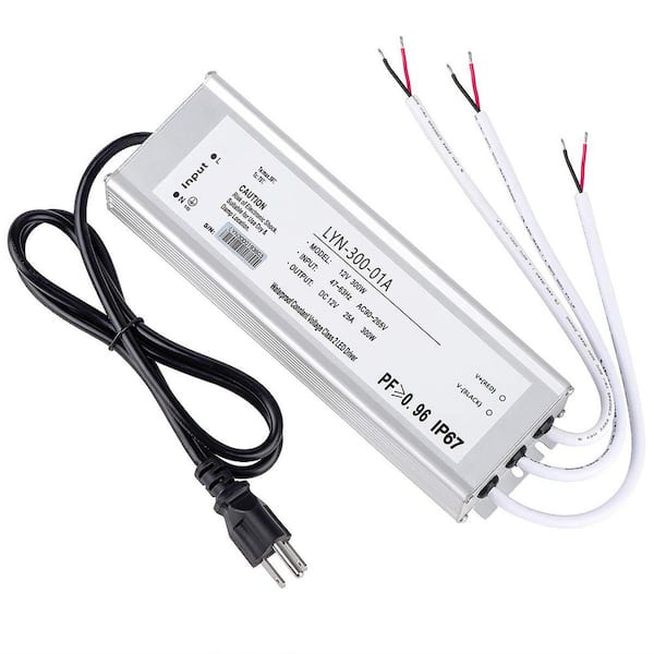 LED Driver 300 Watts 25A Waterproof IP67 Power Transformer Adapter 12V DC With 3-Pin Plug For Outdoor Lighting