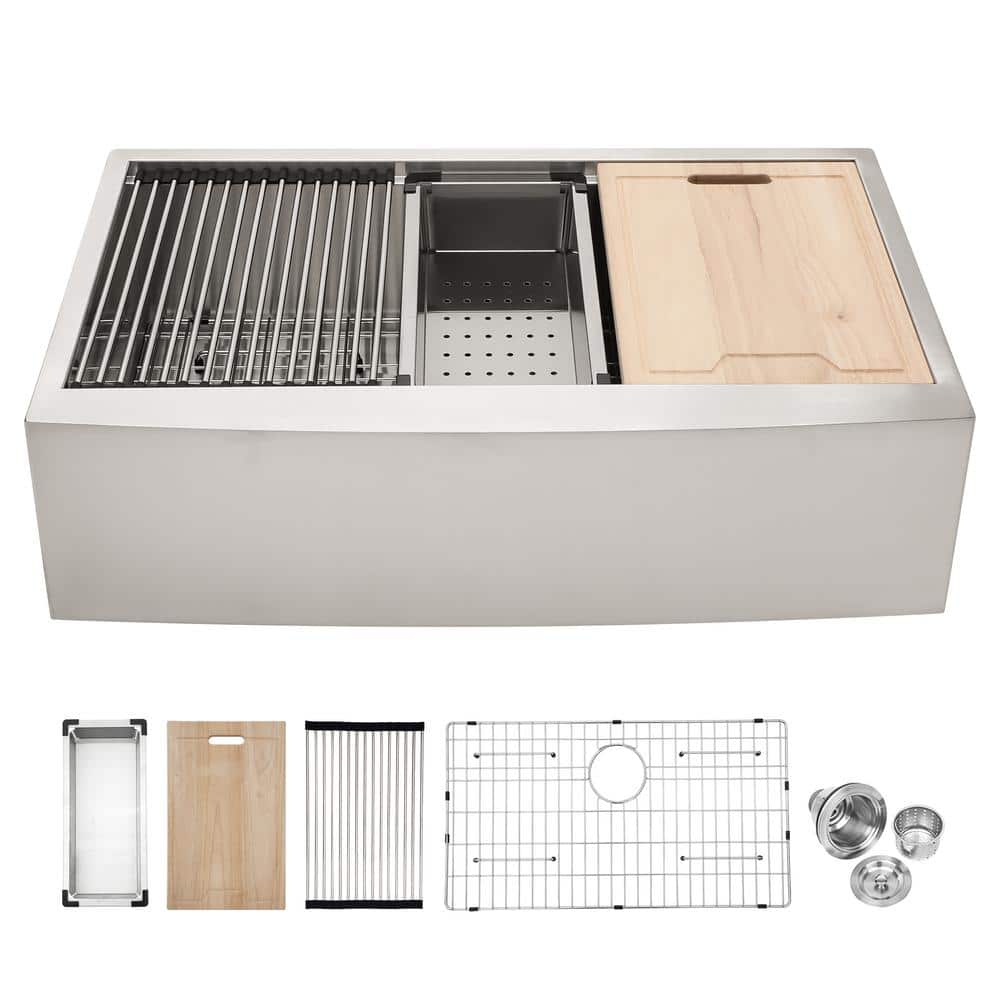 33 in. L X 21 in. W Farmhouse/Apron-Front Brushed Nickel Single Bowl 18-Gauge Stainless Steel Kitchen Sink w/Accessory