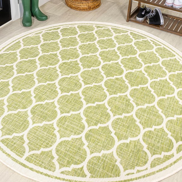 Trebol Moroccan Trellis Textured Weave Green/Cream 5 ft. Round Indoor/Outdoor Area Rug