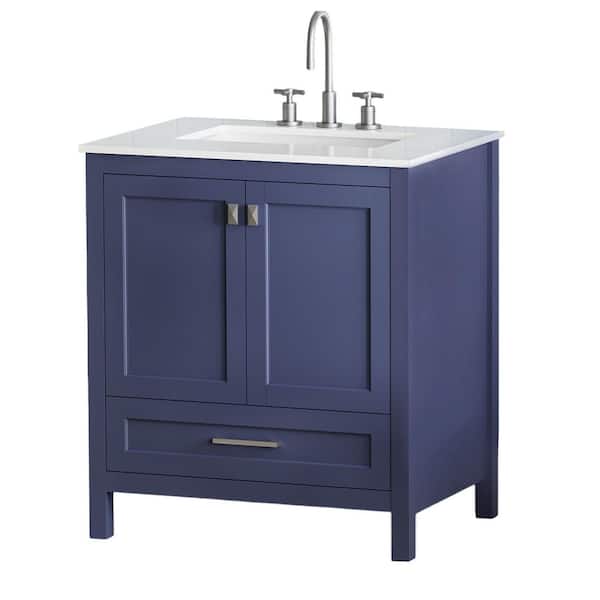 Solid Wood 30 in. W Single Sink Freestanding Navy Blue Bath Vanity Cabinet with White Engineered Marble Top Assembled
