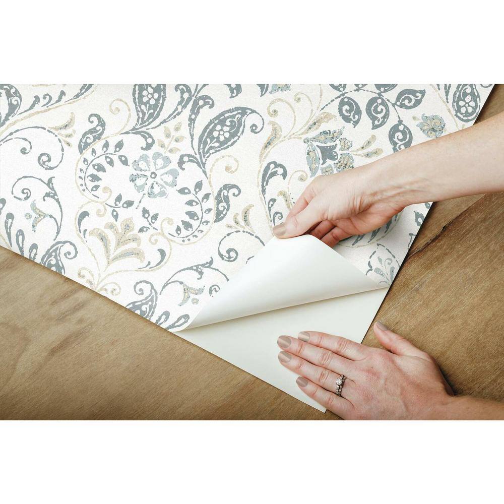 White and Blue Vinyl Damask Peel and Stick Wallpaper Roll