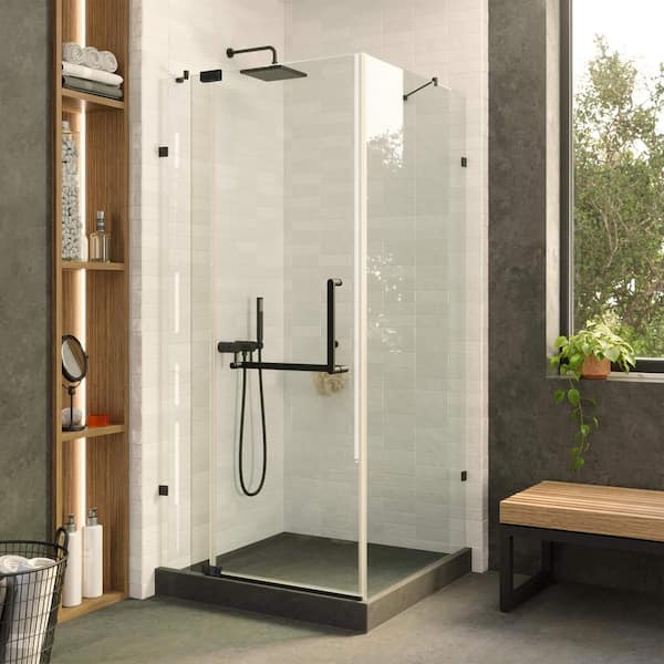 FINE FIXTURES 30 in. W x 30 in. H x 74 in. H Frameless Corner Shower Enclosure with Hinged Clear Tempered Glass in Black
