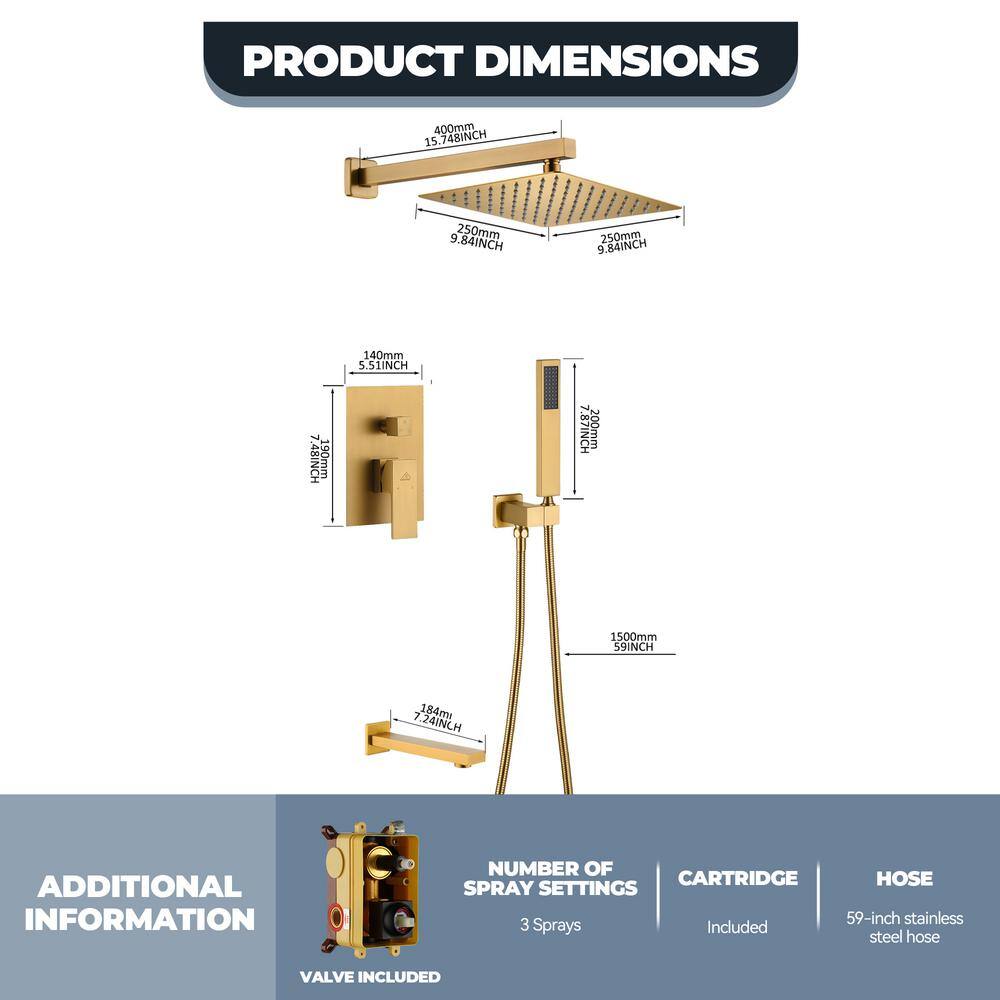 Brushed Gold 10 Inch Rain and Handheld Wall Mounted Shower System