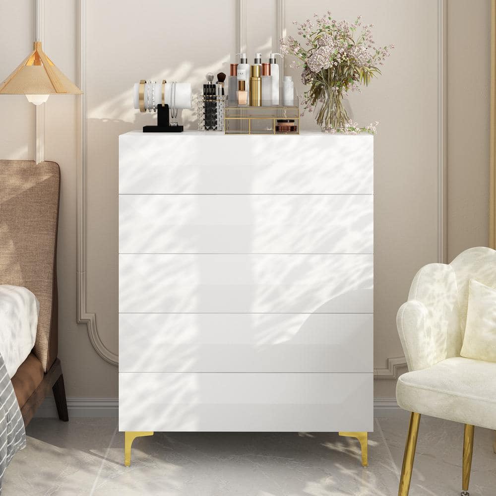 31.5 in. White Rectangle Wooden End Table, Side Table, Chest of Drawers with 5-Drawers -  FUFU&GAGA