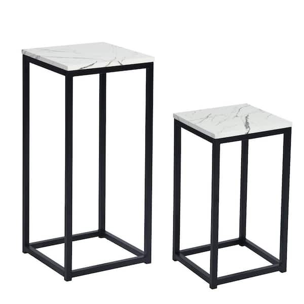 Adria 13.4 in. White Square Faux Marble Black Legs Coffee Table Set with 2-Pieces