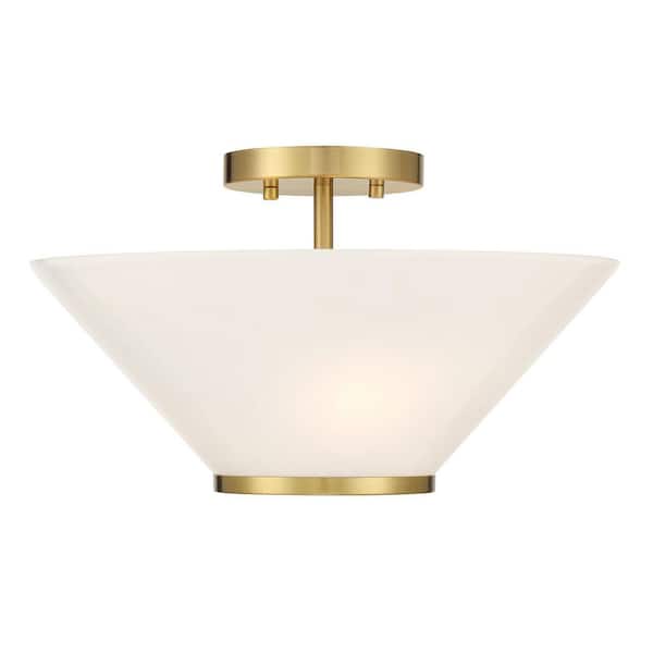 Savoy House Blair 15 in. 3-Light Warm Brass Transitional Convertible Semi-Flush Mount or Hanging Pendant with Strie Glass Shade
