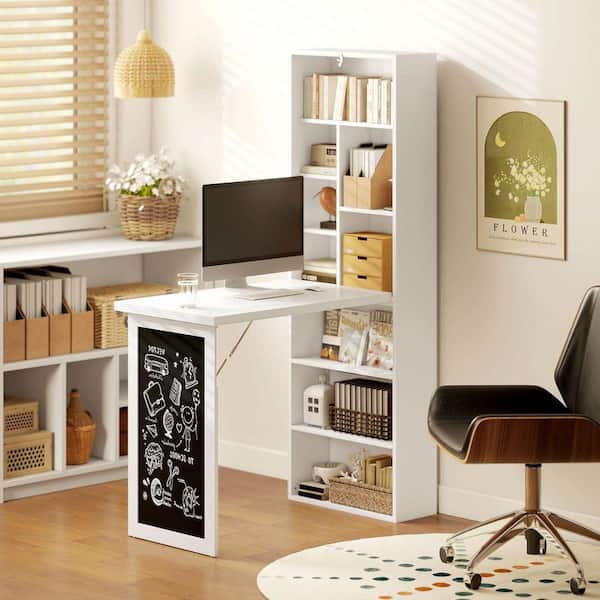 60\.2 in. H White Wood Computer Desk,Wall Mount Fold-out Convertible Office Desk,Writing Table with Blackboard\&Side Shelf