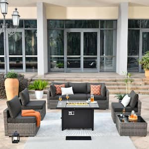 Sanibel Gray 8-Piece Wicker Patio Conversation Sofa Sectional Set with a Metal Fire Pit and Black Cushions