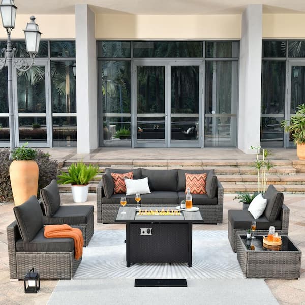Toject Sanibel Gray 8-Piece Wicker Patio Conversation Sofa Sectional Set with a Metal Fire Pit and Black Cushions