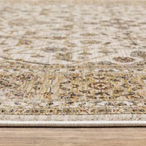 3' X 5' Ivory And Gold Oriental Power Loom Stain Resistant Area Rug With Fringe