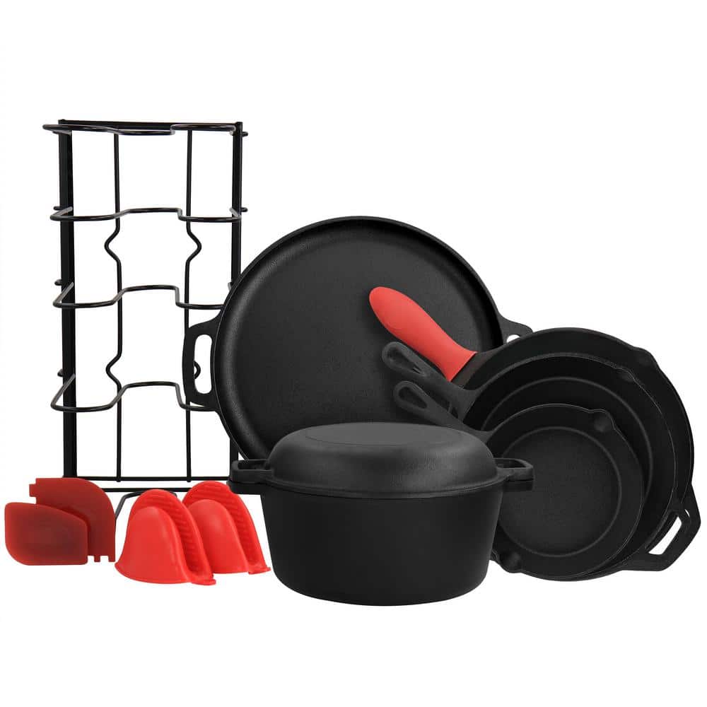  Enameled Cast Iron Cookware Set - 5 Pieces Solid Colored  Braiser Dish, Fry Pan, & Dutch Oven Pot with Lids - Heavy Duty Non-Stick  Kitchen Cookware Sets for Induction, Gas Stoves